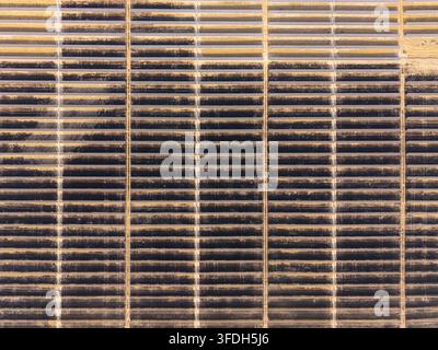 Luftaufnahme der Arlington-Solarfarm mit Reihen von Photovoltaikpanelen, die in einem Rastermuster über die trockene Landschaft von Arlington, Oregon, angeordnet sind Stockfoto