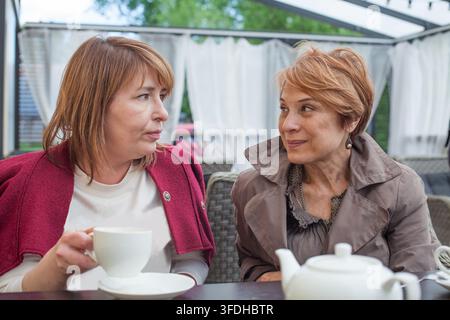 Zwei Frauen sitzen zusammen an einem Cafétisch, lächeln und unterhalten sich. Sie halten Tassen und eine Teekanne steht auf dem Tisch. Im Hintergrund sind grüne Bäume zu sehen. Stockfoto