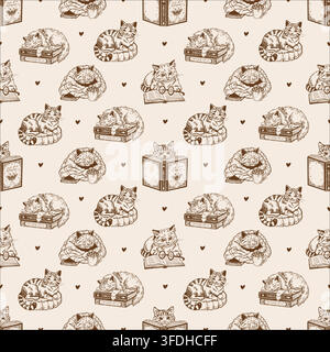 Nahtloses Muster mit Katzen und Büchern. Vintage-Vektorhintergrund in Beige- und Brauntönen. Outline-Illustration. Stock Vektor