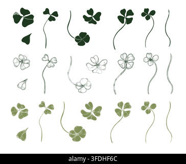 Satz verschiedener Kleeblatt-Vektorsilhouetten und Konturen isoliert. Botanische Zeichnung von vierblättrigem Kleeblatt-Grafikskizze für den St. Patrick's Day Stock Vektor