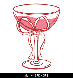 Glattes Stielglas mit einer Schleife verziert. Rosa Champagner. Niedlicher Cocktail im Skizzenstil. Vektor-dekoratives Element für Hochzeitseinladungen oder einen Junggesellinnenabschied. Strichzeichnung im Coquette-Stil. Stock Vektor