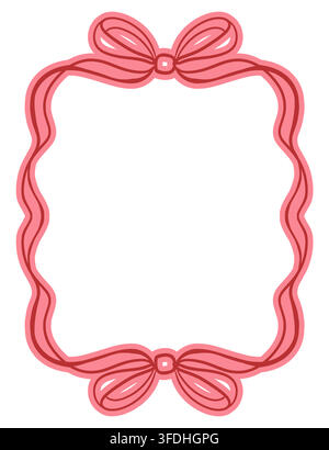 Ein vertikaler Rahmen mit einer verspielten Schleife aus einem schmalen rosa Band. Vektorillustration im Coquette-Stil. Eine helle, mädchenhafte Verzierung für eine Einladung oder Karte. Eine auffällige, lakonische Illustration. Stock Vektor