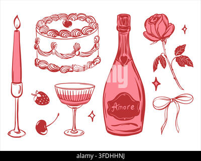 Valentinstagsgeschenkset. Vektor-Clipart. Ein romantischer Abend mit Champagnerflasche. Weingläser, Liebesbrief, Kokette und Rose. Geburtstagsgeschenke. Illustration für Glückwünsche, Poster. Stock Vektor