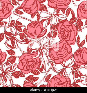 Vektor-Muster ohne Naht aus rosa Rosen und einer Schleife. Blume auf einem Stängel mit Blättern. Die Zeichnung imitiert eine schnelle Tinten-Skizze. Handgezeichnete Linien-Ink-Skizze. Kokett-Stil. Hintergrund für Verpackungspapier. Stock Vektor