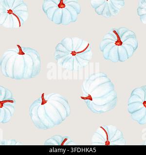 Aquarell nahtloses Muster mit weißen Kürbissen auf hellem Hintergrund. Handgezeichneter Herbst-Wiederholungsdruck für Thanksgiving, Erntefest, Verpackung Stockfoto