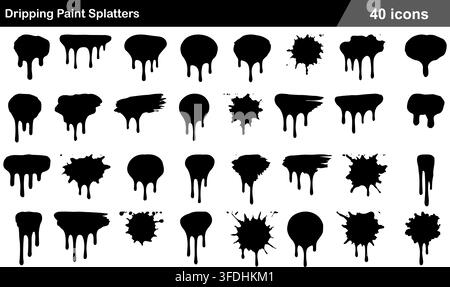 Vektor-Illustrationsset mit 40 tropfenden Farbspritzern, das flüssige Tropfen, schwarze Tintenflecken, Sprühtropfen, Grunge-Flecken und Farbspritzer zeigt. Stock Vektor