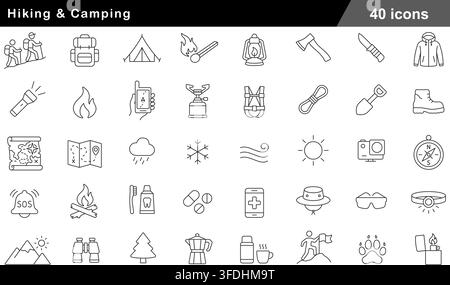 Vektor-Illustrationsset mit 50 Wander- und Camping-Symbolen, darunter Campingzelt, Rucksack, Lagerfeuer, Kompass, Karte, Taschenlampe und Outdoor-Abenteuer-Symbole. Stock Vektor