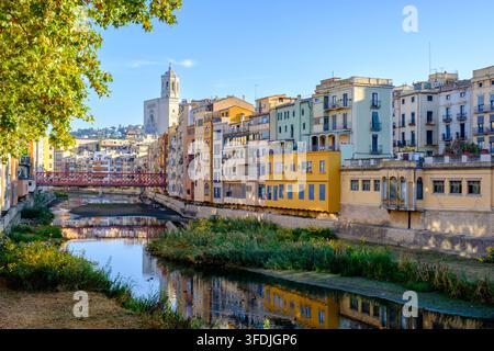 Girona Skyline, Girona-Kathedrale und Häuser, die sich im Onyar-Fluss spiegeln, Stadt Girona, Katalonien, Spanien Stockfoto