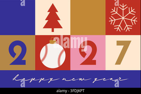 Moderne Neujahrskarte 2027 mit Baseballornament und festlichen Winterfeiertagssymbolen für eine fröhliche Feier. Stock Vektor