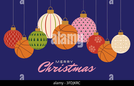 Festliche Weihnachtsschmuck mit Basketballmotiven und verschiedenen Mustern, perfekt für moderne Weihnachtsgrußkarten. Stock Vektor
