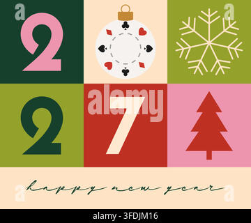 Moderne Neujahrsgrußkarte 2027 mit flachen festlichen Elementen und einzigartigem Spielkartensymbole-Ornamentdesign.. Stock Vektor