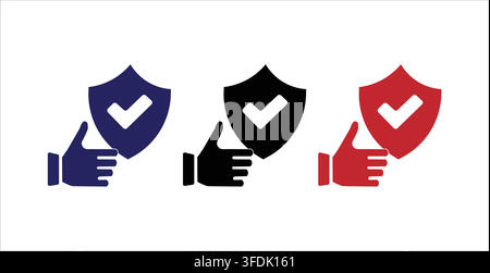 Vertrauens- und Verifikations-Symbolset – Daumen-hoch-Hand mit Häkchen-Schild in Blau, Marineblau und Rosa Vektorillustration Stock Vektor