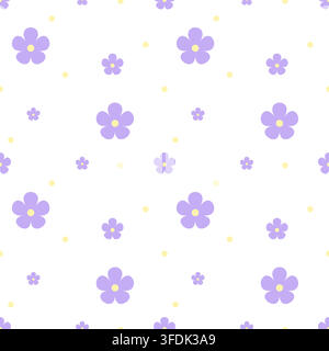 Niedliches nahtloses florales Muster mit pastellvioletten fünfblättrigen Blumen und weichen gelben Punkten auf weißem Hintergrund. Perfekt für Stoff, Tapete, Verpackung Stock Vektor