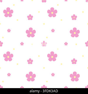 Verspieltes nahtloses Blumenmuster mit hellrosa Blumen und weichen gelben Punkten auf weißem Hintergrund. Ein fröhliches Wiederholungsdesign für Stoff, Tapete, s Stock Vektor
