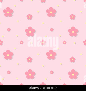 Niedliches nahtloses Muster mit rosa fünfblättrigen Blumen, gelben Punkten und subtilen Tiefeneffekten auf einem weichen rosa Hintergrund. Ein verspieltes, dimensionales Design für f Stock Vektor