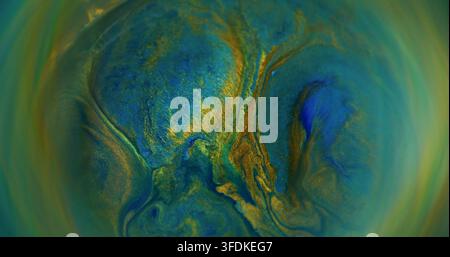 Unscharf gemalte Spritzer. Marmor-Glitzertextur. Blaugrüne goldene Farbe, glänzende runde flüssige Acryl-Farbmischung in Regenbogenfarben, funkelnde Wasserwelle auf abstraktem Kunsthintergrund. Stockfoto