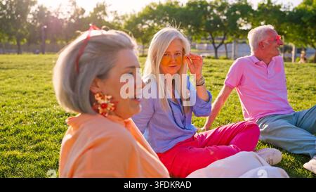 Senioren genießen ein Picknick im Freien und Freundschaft im Park Stockfoto