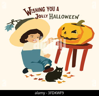 Verspielte Halloween-Illustration eines Mädchens, das einen gruseligen Jack-o'-Lantern schnitzt, mit einer schwarzen Katze in der Nähe, Herbstblättern und festlicher Schrift. Perfekt für Stock Vektor