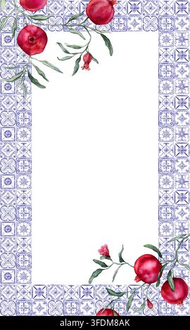 Rechteckiger Rahmen aus traditionellen portugiesischen Azulejo-Fliesen und Granatapfelbranche. Mediterrane, spanische Keramiktradition. Handgezeichnetes Aquarell Stockfoto