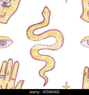 Aquarell mystisches nahtloses Muster mit esoterischer magischer Schlange, Hamsa-Hand mit Auge, himmlischen Sternen. Handgezeichnete Illustrationen Niedlicher mädchenhafter Hintergrund Stockfoto