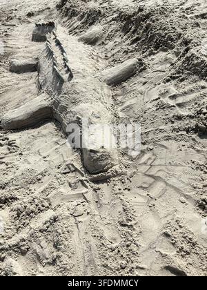 Ein Krokodil, das in nassem Strandsand mit einem stacheligen Rücken modelliert wurde, von Hand am Nordstrand Hvide Sande, Jütland, Dänemark, im August gebaut. Stockfoto