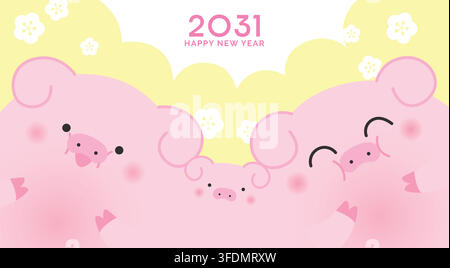 Familie der chinesischen Tierkreiszeichen-Schweine feiert das chinesische Neujahr 2031. Stock Vektor