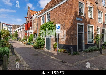 Haarlem, Niederlande: malerische Straßenszene mit authentischen niederländischen Backsteinhäusern, grünen Pflanzen und einem Fußgänger-Verkehrsschild an einem sonnigen Tag. Stockfoto