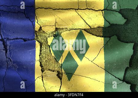 St. Vincent und die Grenadinen-Flagge auf einer zerrissenen Oberfläche, die nationale Probleme repräsentiert Stockfoto