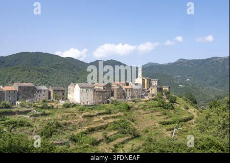 Panorama des Bergdorfs Brustico an einem Berghang mit Häusern aus Naturstein, terrassierten Gärten und der Eglise Saint-Joseph vor dem Stockfoto