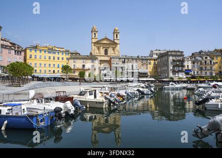 Ein Blick über die ruhigen Gewässer des Alten Hafens (Vieux Port) mit festgemachten Fischer- und Freizeitbooten auf die farbenfrohen Fassaden der Terra Vecc Stockfoto