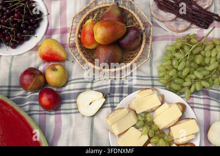 Picknick auf einer karierten Decke mit frischen Birnen, Äpfeln, Trauben, Kirschen, Wassermelone, käsebedeckten Brotscheiben und Wurstwaren, perfekt für eine Stockfoto