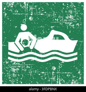 Rettungsboot, ISO 7010 E037 Sicherheitsschild für Evakuierung, Notfall-Grunge-Textur, Verwittertes abgenutztes Sicherheitssymbol, Grüne Evakuierungswarnung vor Feuer S Stock Vektor