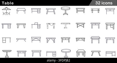 Vektor-Illustrationsset mit 32 Tisch-Ikonen, darunter Bürotisch, Esstisch, Terrassenschirmtisch, Laptop-Schreibtisch, runder Tisch und Holzmöbel. Stock Vektor