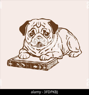 Ein Mops, der auf einem Buch ruht. Vektor-Umriss-Skizze zum Thema Lesen und niedliche Haustiere. Vintage-Illustration in Beige- und Brauntönen. Stock Vektor