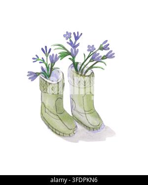 Aquarellillustration von Lavendelblüten in grünen Gummistiefeln. Handgezeichnete Gartenschuhe als rustikale Blumenvase. Gemütliche Frühlingsbotanik-Kunst Stockfoto
