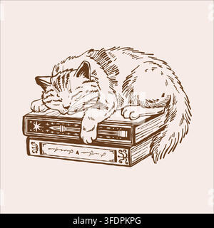 Eine Katze liegt auf einem Stapel Bücher. Braune Vintage-Umrissillustration zum Thema Lesen und niedliche Haustiere. Stock Vektor
