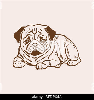 Mops. Niedlicher Haustier-Vektor-Umriss-Skizze. Vintage-Illustration in Beige- und Brauntönen. Stock Vektor