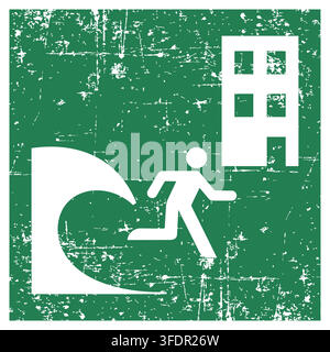 Tsunami-Evakuationsgebäude, ISO 7010 E063 Sicherheitsschild für sicheren Zustand, Evakuationszeichen, Distress-Grunge-Textur, verwittertes abgenutztes Sicherheitspiktogramm, grüner Evakuatio Stock Vektor