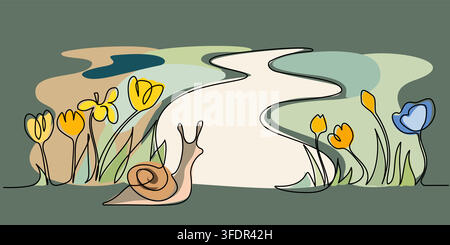 Süße Landschaft mit Blumen, Straße und Feldern. Panorama-Skizze der Landnatur. Kontinuierliche Einlinien-Vektorzzeichnung mit Farbflecken Stock Vektor