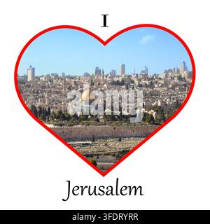 Ein herzförmiges Bild von Jerusalem, Blick auf die Altstadt von Jerusalem mit dem Tempelberg und den alten Stadtmauern. Israel, Naher Osten Stockfoto