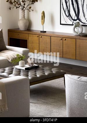 Moderner neutraler Wohnraum mit eingebautem Holzschrank Stockfoto