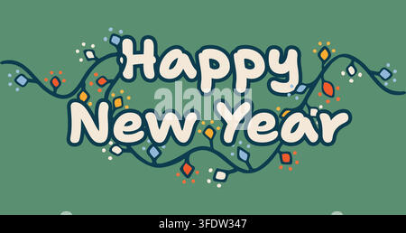 Glückliches Neujahr-Schriftzug mit Lichterketten-Banner. Feiertags-Typografie-Poster. Vektorillustration Stock Vektor