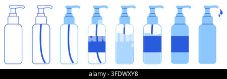 Satz von acht blauen Pumpflaschen mit Umrissröhren-Etiketten in flüssigen Blasen- und festen Tropfstilen. Ideal für Seife, Lotion, Gel, Desinfektionsmittel, Badezimmer-Branding Stock Vektor