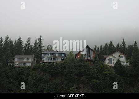 Reihe moderner Häuser entlang einer bewaldeten Klippenküste über Seward, Alaska, unter bewölktem nebeligem Himmel Stockfoto