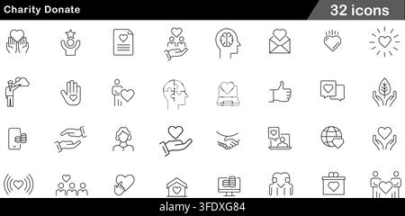 Vektor-Illustrationsset mit 32 Charity-Spenden-Icons mit Herz in Händen, Spendenbox, Freiwilligenunterstützung, Online-Spenden und Pflegegemeinschaft. Stock Vektor