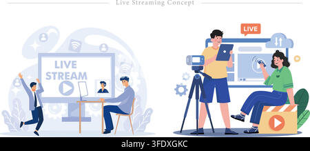 Vektor-Illustrationsset von Live-Streaming-Bannern mit Videobroadcast-Studio, Streamer-Tablet-Steuerung, Kamerastativ und Online-Präsentation. Stock Vektor