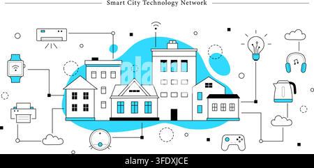 Vektorillustration eines Smart-City-Technologie-Netzwerks mit verbundenen Wohngebäuden, Smartwatch, Klimaanlage, Smart-Kessel und IoT-Gadgets. Stock Vektor