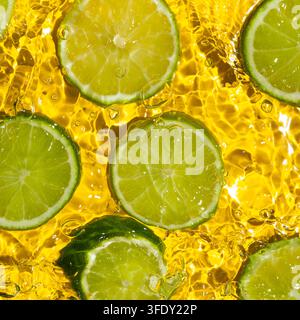 Frische Limettenstücke, die in klarem Wasser schwimmen, Ansicht von oben. Stockfoto