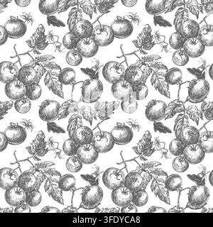 Vektor-Muster ohne Naht aus Pomodoro-Zweigen. Ein Hintergrund für Verpackungen und Textilien. Zweige mit runden Kirschtomaten, Blättern und Blüten. Strichzeichnung im Retro-Tintenstil. Stock Vektor