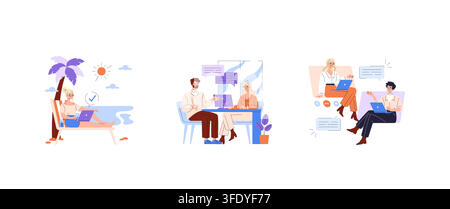 Vektorillustration zeigt drei Remote-Arbeitsszenarien mit Personen, die Laptops in verschiedenen Umgebungen nutzen. Dargestellt werden Arbeit am Strand, Meeting und virtuelle Zusammenarbeit. Stock Vektor